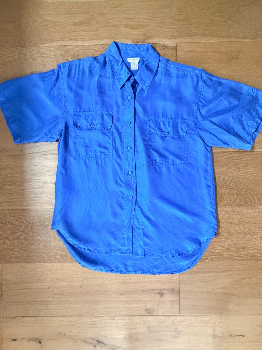 VTG 80s Silk Road Short Sleeve Utility Shirt Blouse Sky Blue Small Shoulder Pads